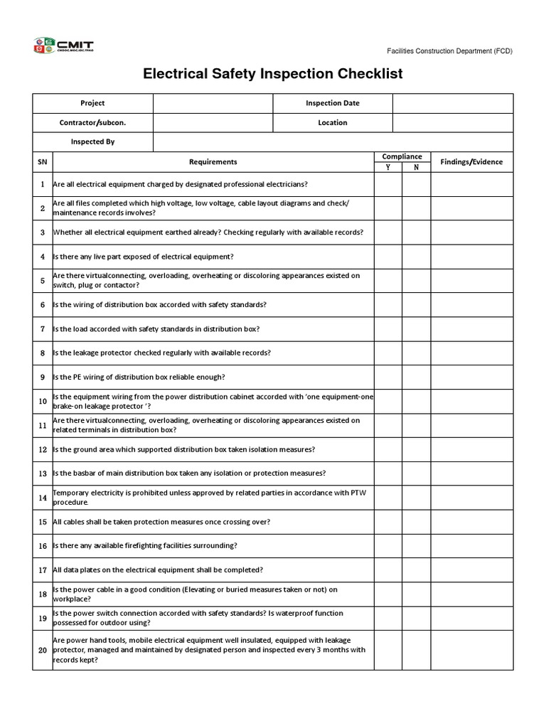 Electrical Equipment Safety Inspection Checklist Inspection Checklist