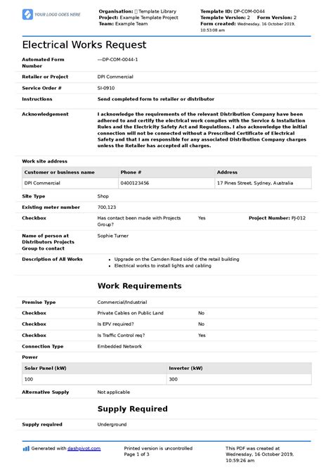 Electrical Works Request Form Free And Editable Template