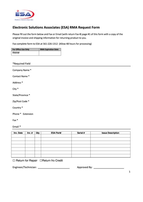 Electronic Solutions Associates Esa Rma Request Form Printable Pdf