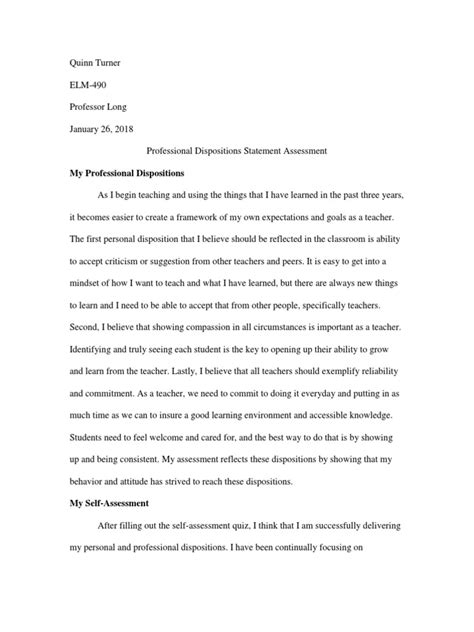 Elm 490 Professional Dispositions Statement Assessment Teachers