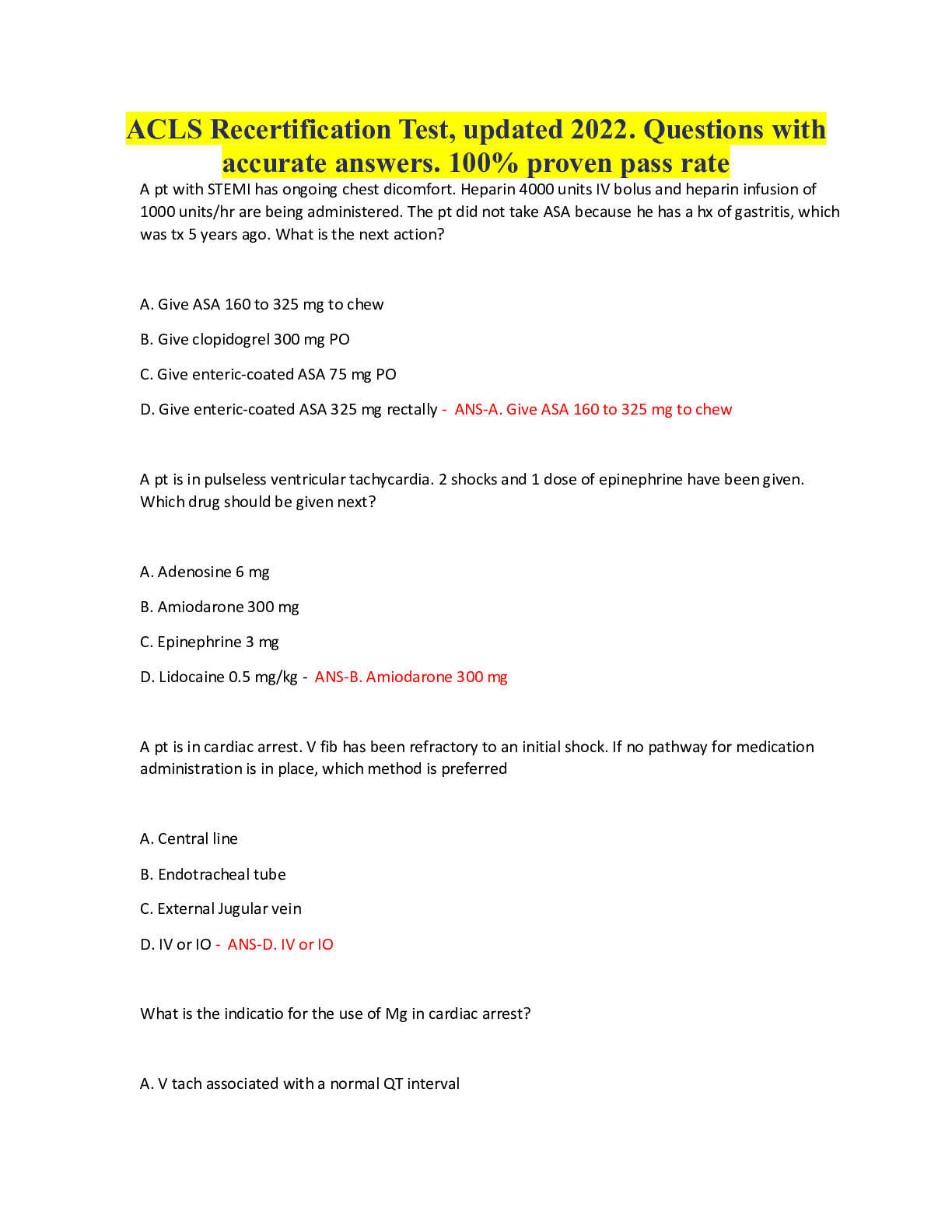 Emd Recertification Test Preparation Questions And Answers Graded A Emd Emergency Medical