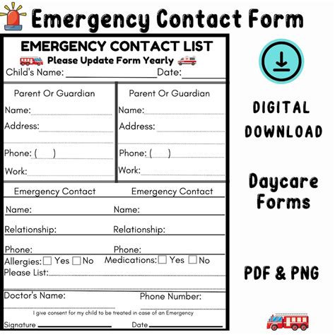 Emergency Contact Form Daycare Forms Preschool Forms Center Etsy