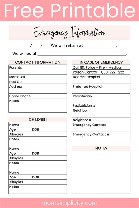 Emergency Information Sheet Education Amp Life Skills Babysitter Free Printable Parent