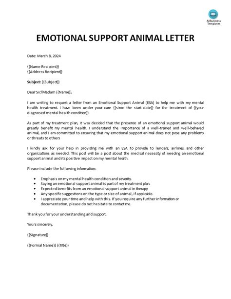 Emotional Support Animal Letter Sample Therapy Emotional Support