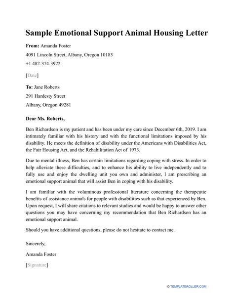 Emotional Support Animal Letter Template For Housing