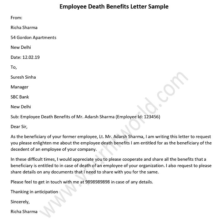 Employee Death Benefits Letter Sample Death Claim Letter Hr Letter Formats