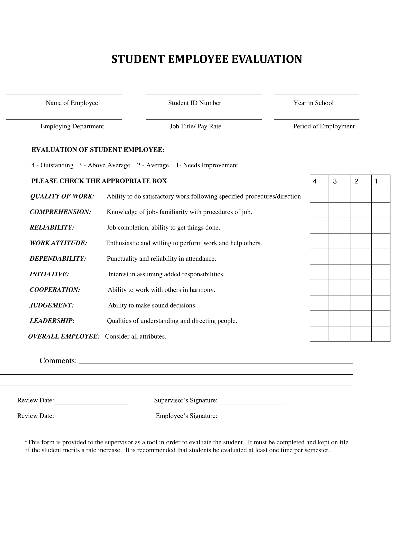 Employee Evaluation Form Template Free Download Resume Example Gallery