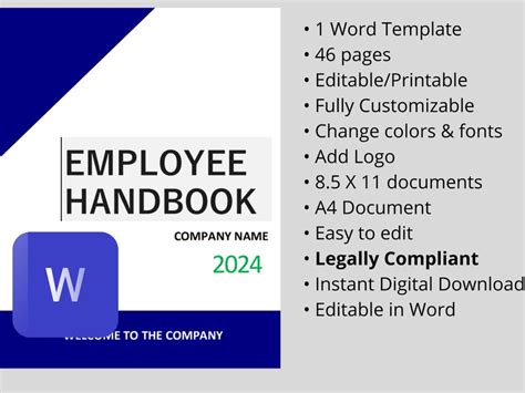 Employee Handbook Template 2024 Editable Word Manual Hr Policy Guide