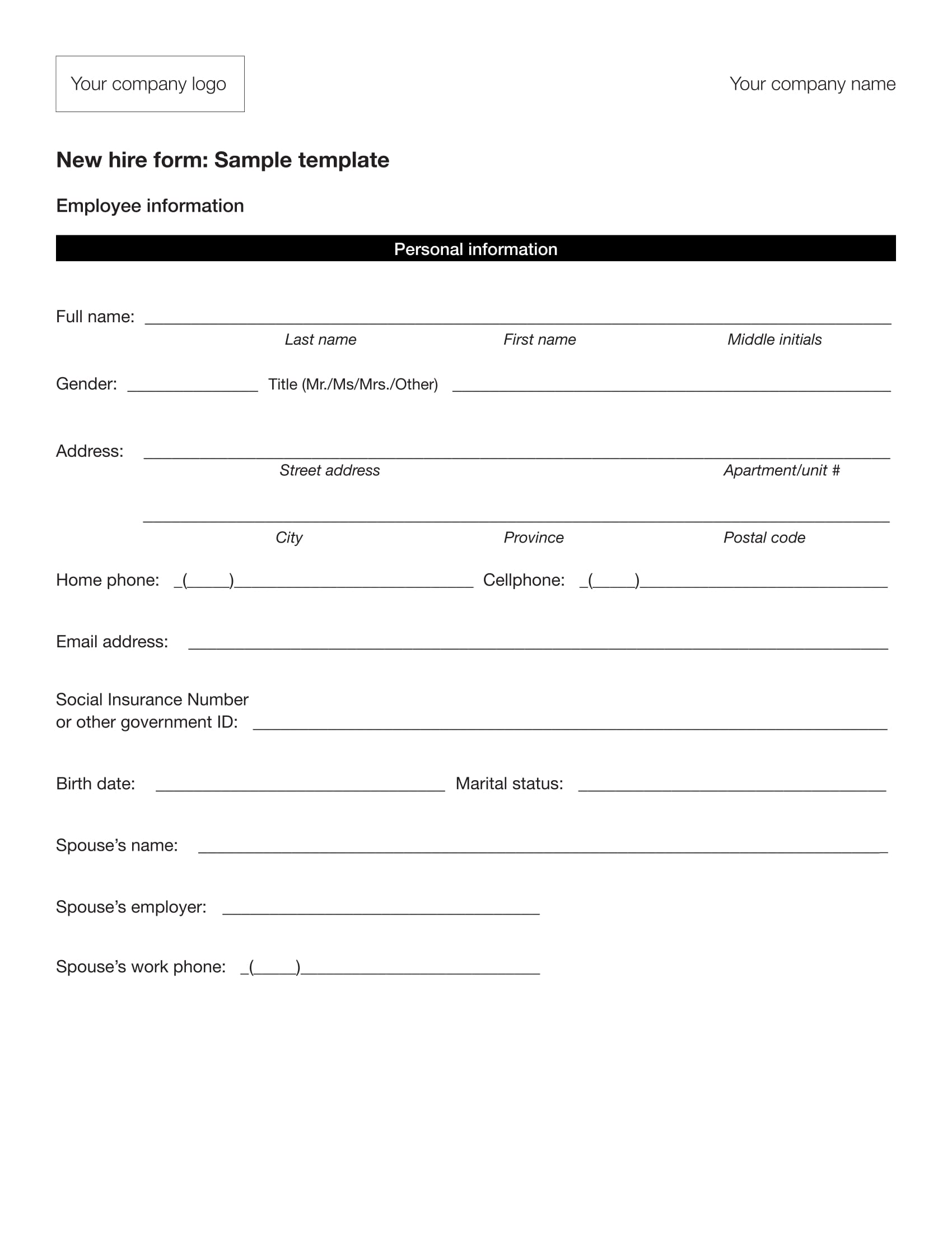 Employee Information Printable Form New Hire Sheet Digital Etsy