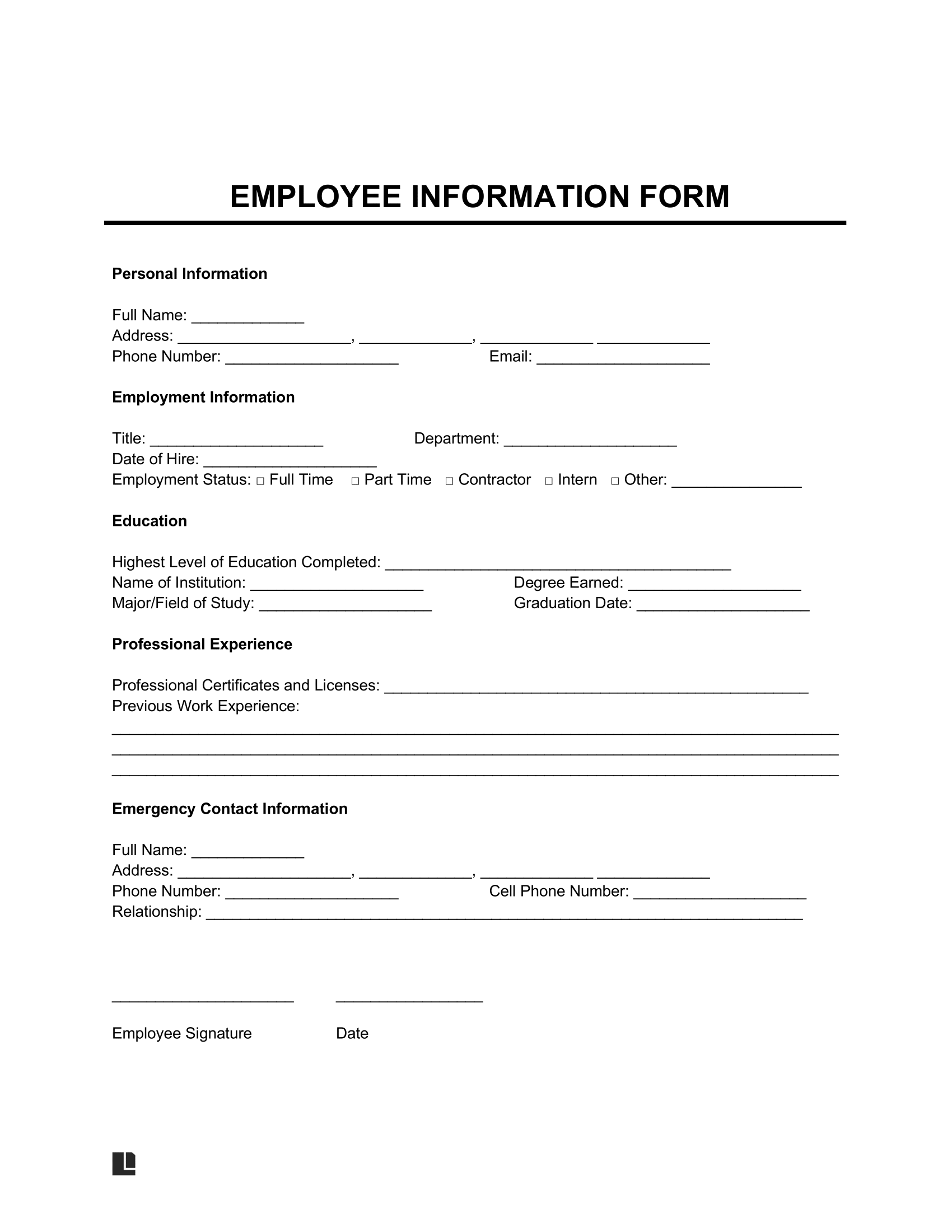 Employee Information Printable Form New Hire Sheet Digital File