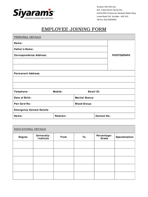 Employee Joining Form Fill Online Printable Fillable Blank Pdffiller