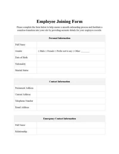 Employee Joining Form Template Free Download Easy Legal Docs