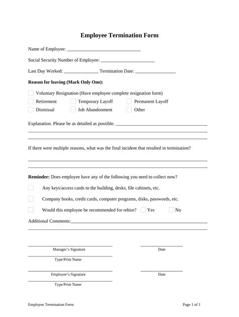 Employee Separation Printable Employee Termination Form Pdf Printable