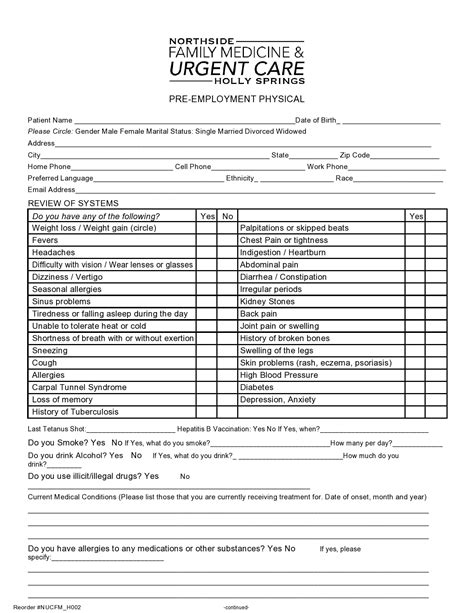 Employment Printable Blank Physical Form