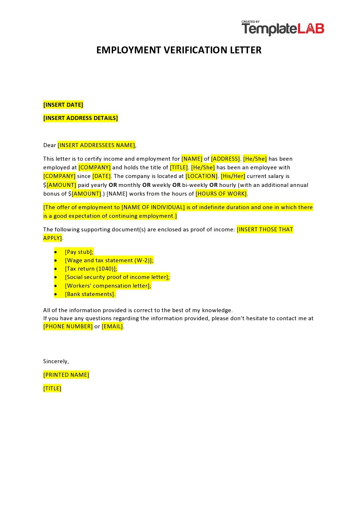 Employment Verification Letter Template Employment Verification Letter Employment Verification