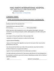 Endoscopy Consent Form Docx Mao Aweys International Hospital Mao Aweys Plaza 10Th Street