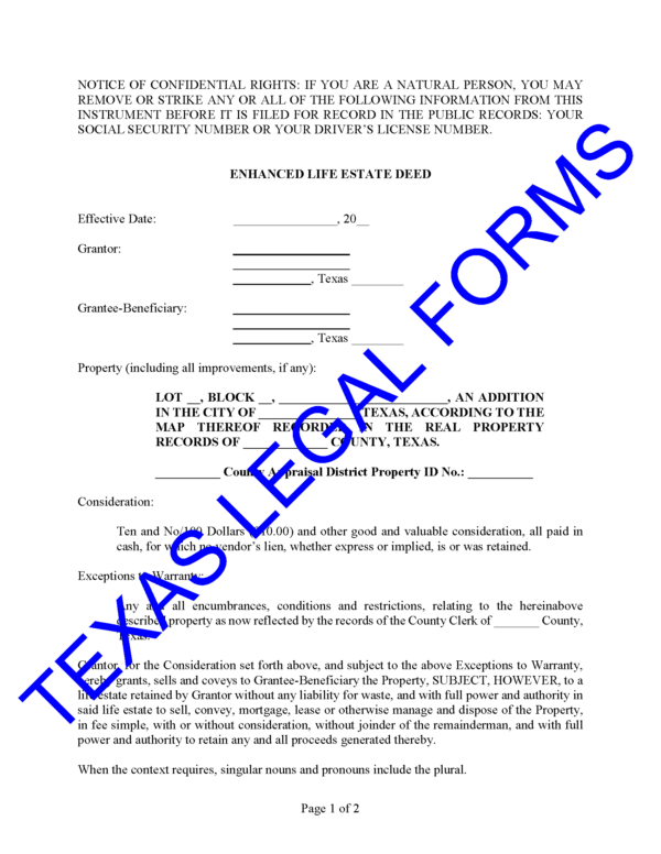 Enhanced Life Estate Deed Lady Bird Deed Texas Legal Forms By David