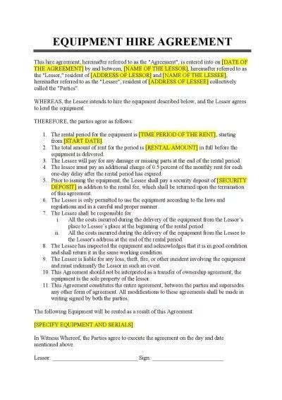 Equipment Hire Agreement Template Free Download Easy Legal Docs