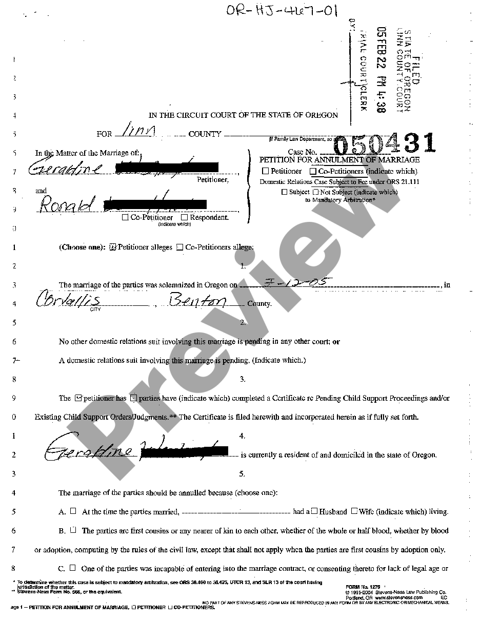 Eugene Oregon Petition For Annulment Of Marriage Us Legal Forms