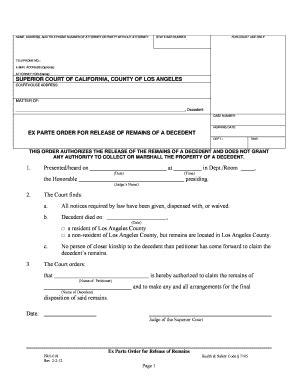 Ex Parte Petition For Court Order To Release The Remains Of A Decedent Fill Online Printable