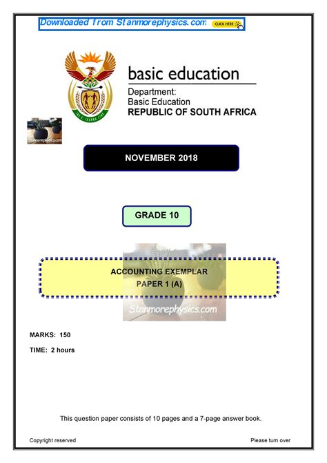 Exemplar 2018 Accounting Grade 10 P1 And Memo Marks 150 Time 2