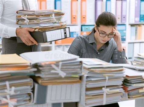 Exhausted Secretary Overloaded With Work Stock Photo Image Of Overwhelmed Overloaded 148351168