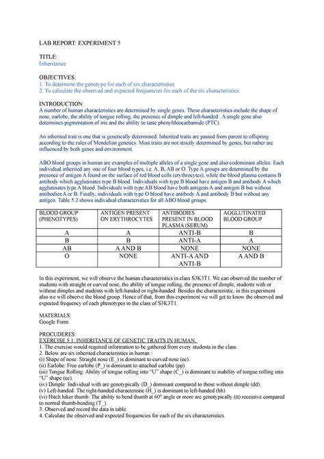 Exp 5 Inheritance Lab Report Biology 1 Sb015 Lab Report Experiment