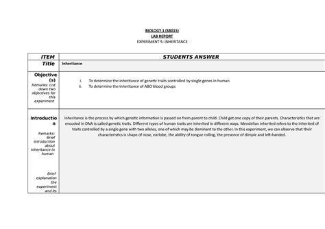 Exp 5 Inheritance Lab Report Biology Studocu