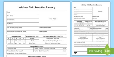 Eyfs Safeguarding Individual Child Summary Transition Sheet