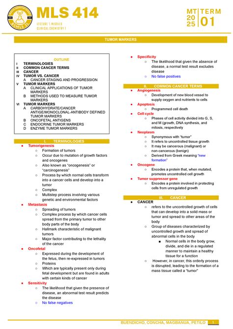 F5 Mls 414 Tumor Markers Spc Mls 2L Outline I Terminologies Ii