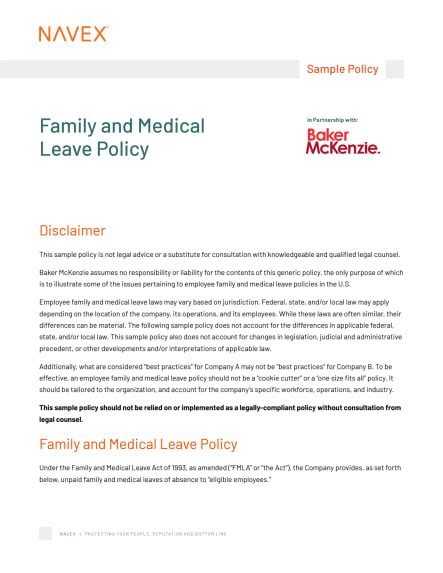 Family And Medical Leave Fmla Sample Policy Navex