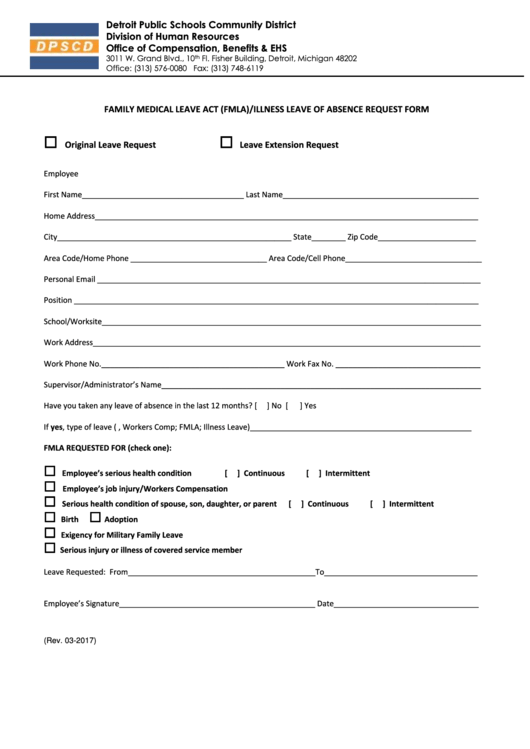 Family Medical Leave Act Fmla Illness Leave Of Absence Request Form Printable Pdf Download