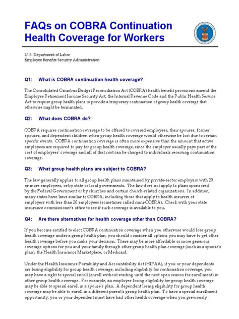 Faqs On Cobra Continuation Health Coverage For Employers Doc