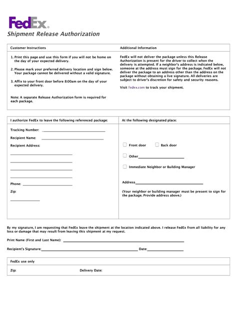 Fedex Shipment Release Authorization Fill Online Printable Fillable Blank Pdffiller