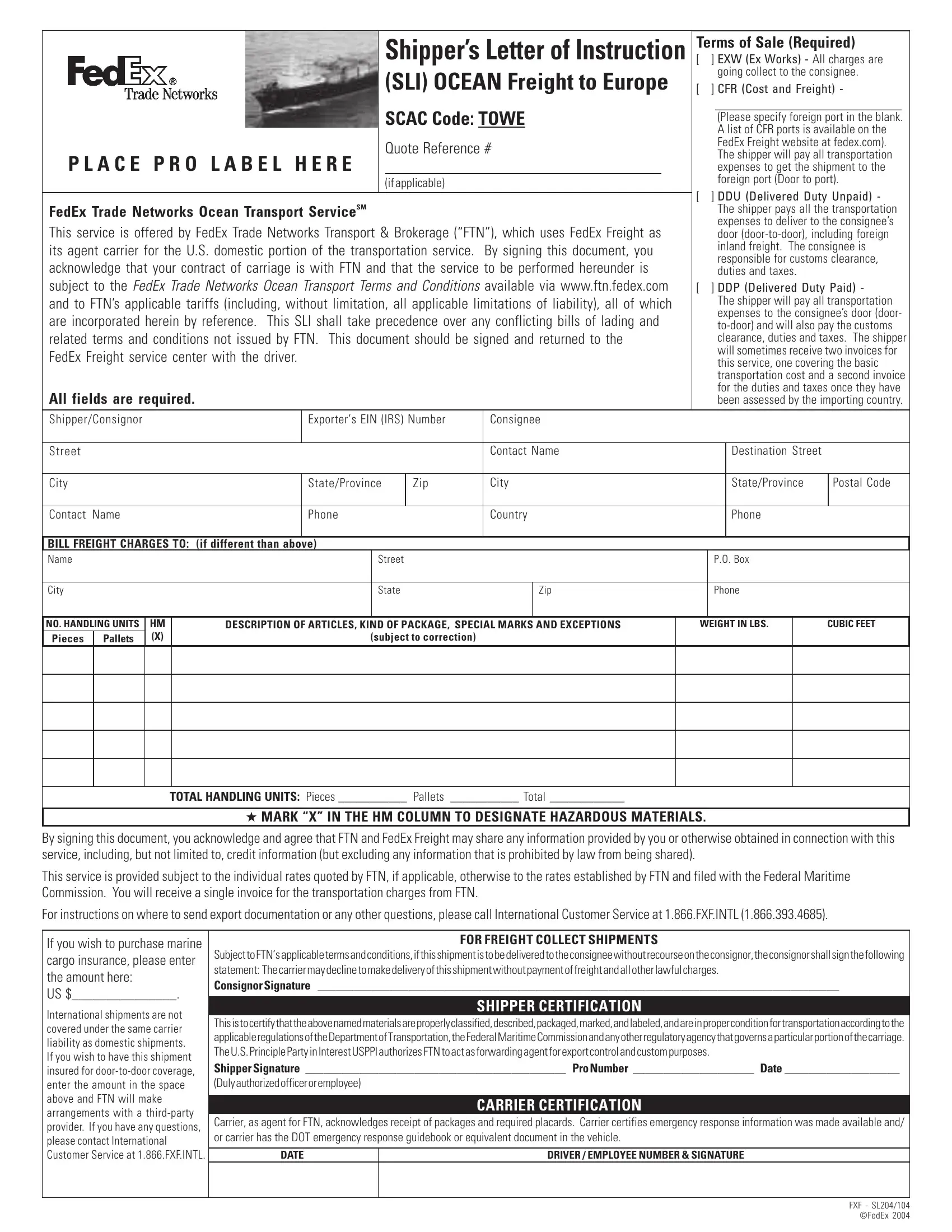 Fedex Sli Form Fill Out Printable Pdf Forms Online