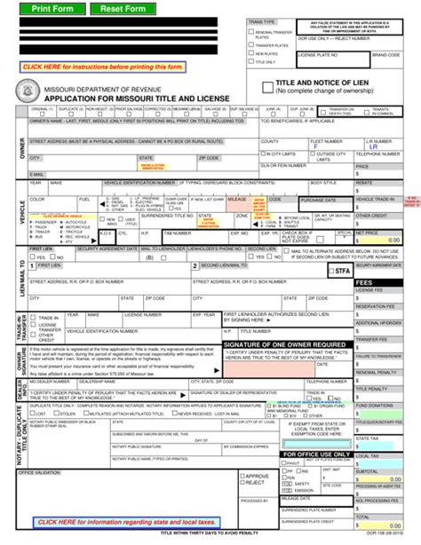 Fill Free Fillable Form Dor 108 Application For Missouri Title And