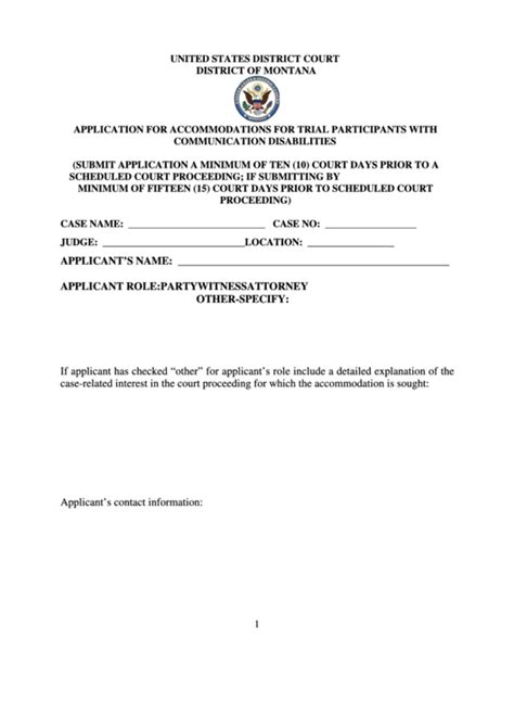 Fillable Ada Form District Of Montana Application For Accommodations