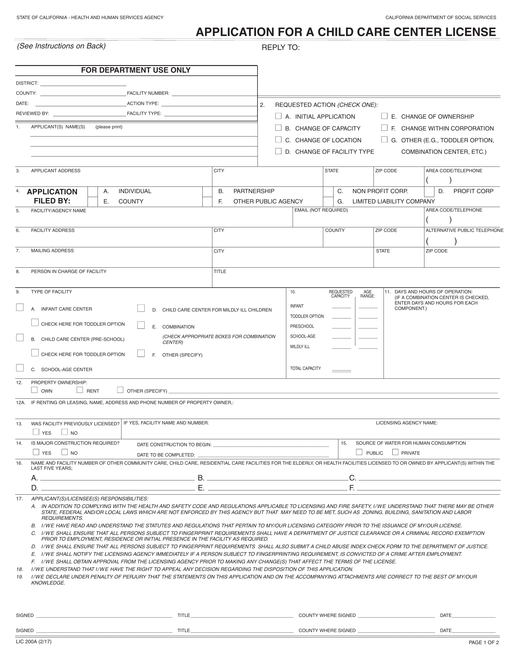 Fillable Application For A Child Care Center License State Of