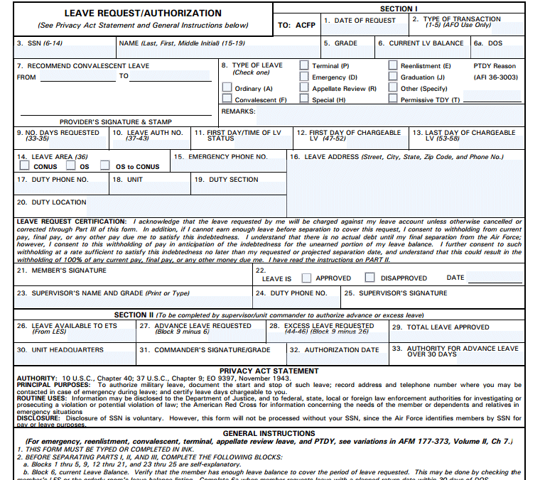 Fillable Application For Military Leave Form Printable Pdf Download