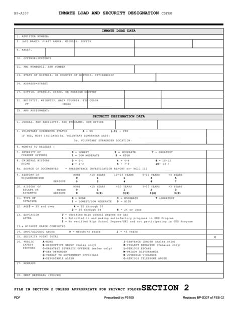 Fillable Bp A0337 Inmate Load And Security Designation Form U S