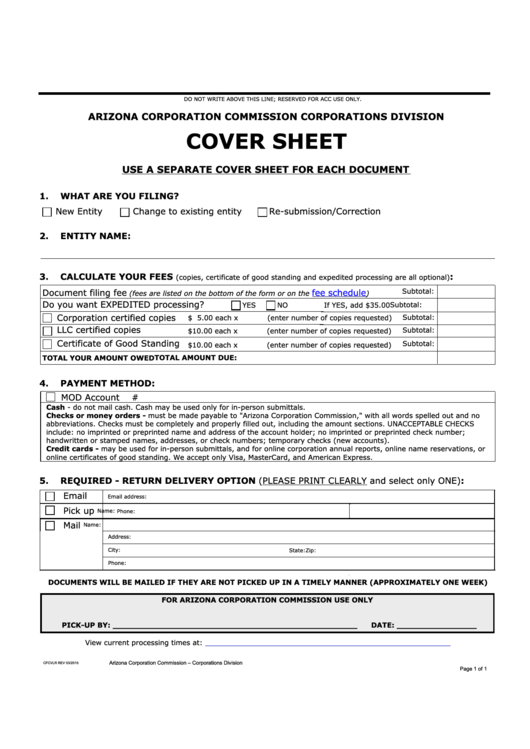 Fillable Cover Sheet Template Arizona Corporation Commission