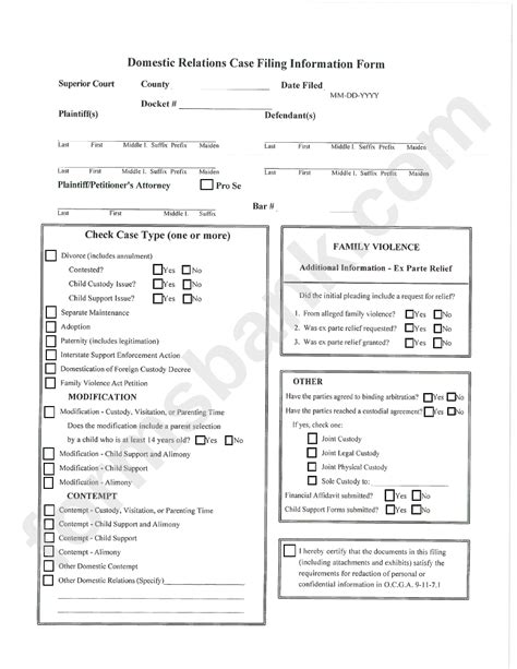 Fillable Domestic Relations Case Filing Information Form Printable Pdf