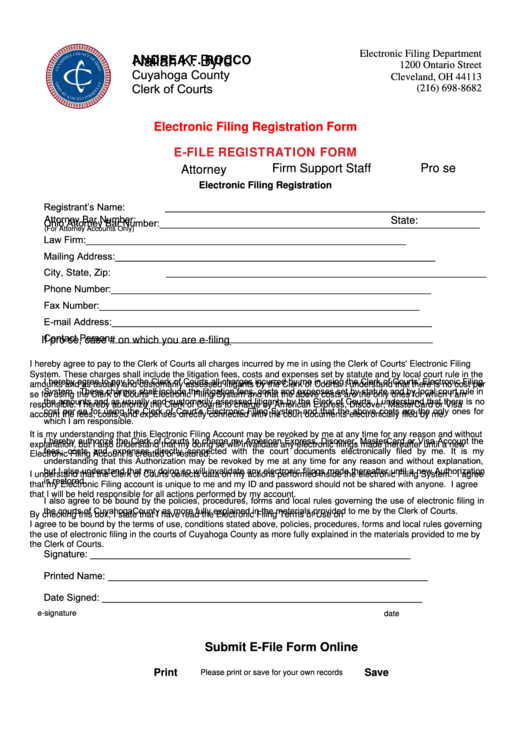 Fillable Electronic Filing Registration Form Andrea F Rocco Cuyahoga County Printable Pdf