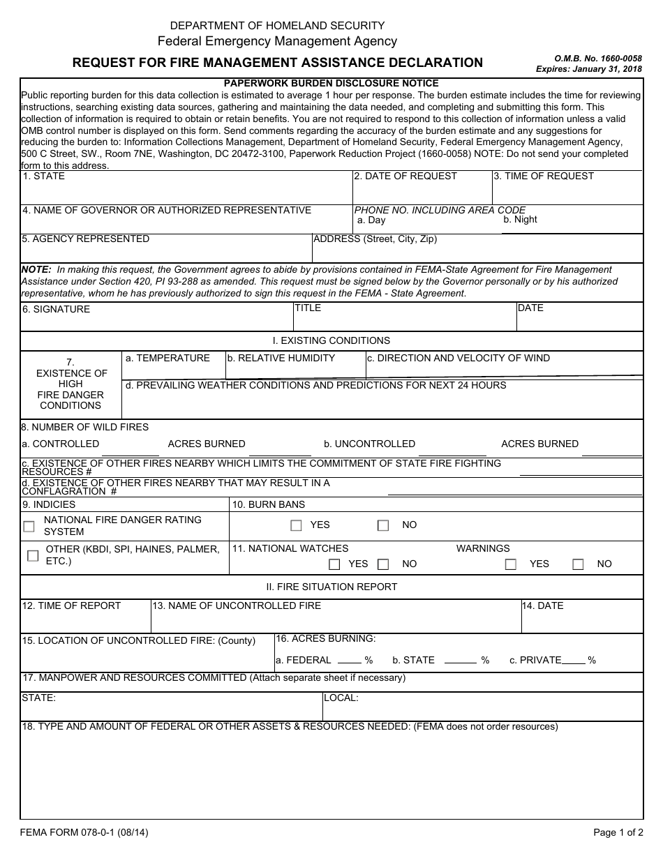 Fillable Fema Form 078 0 1 Request For Fire Management Assistance