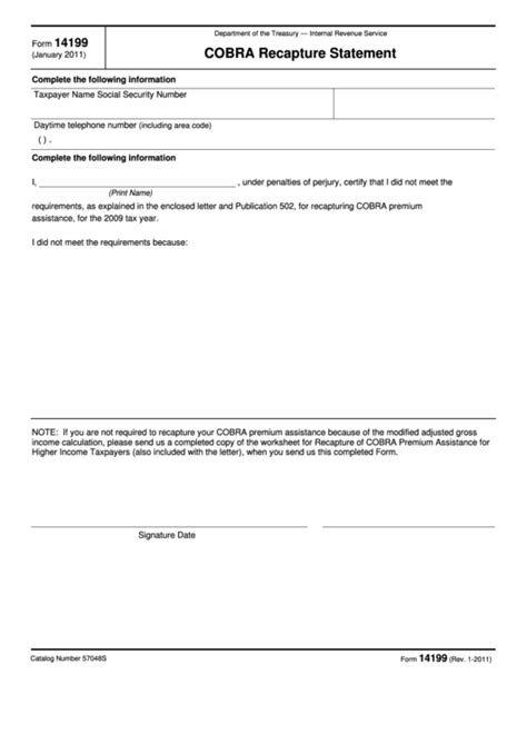 Fillable Form 14199 Cobra Recapture Statement Printable Pdf Download