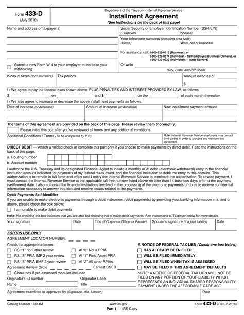 Fillable Form 433 D Installment Agreement Printable Pdf Download