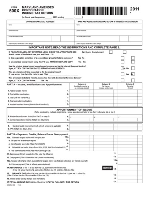 Fillable Form 500X Maryland Amended Corporation Income Tax Return