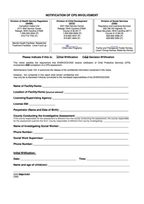 Fillable Form Dss 5282 Notification Of Cps Involvement Nc Printable