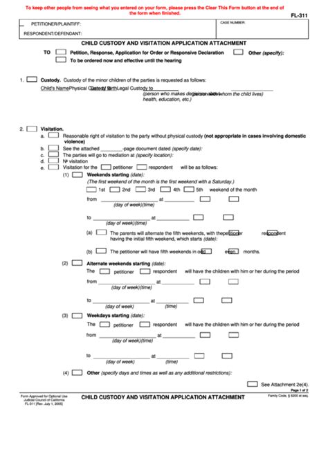 Fillable Form Fl 311 Child Custody And Visitation Application