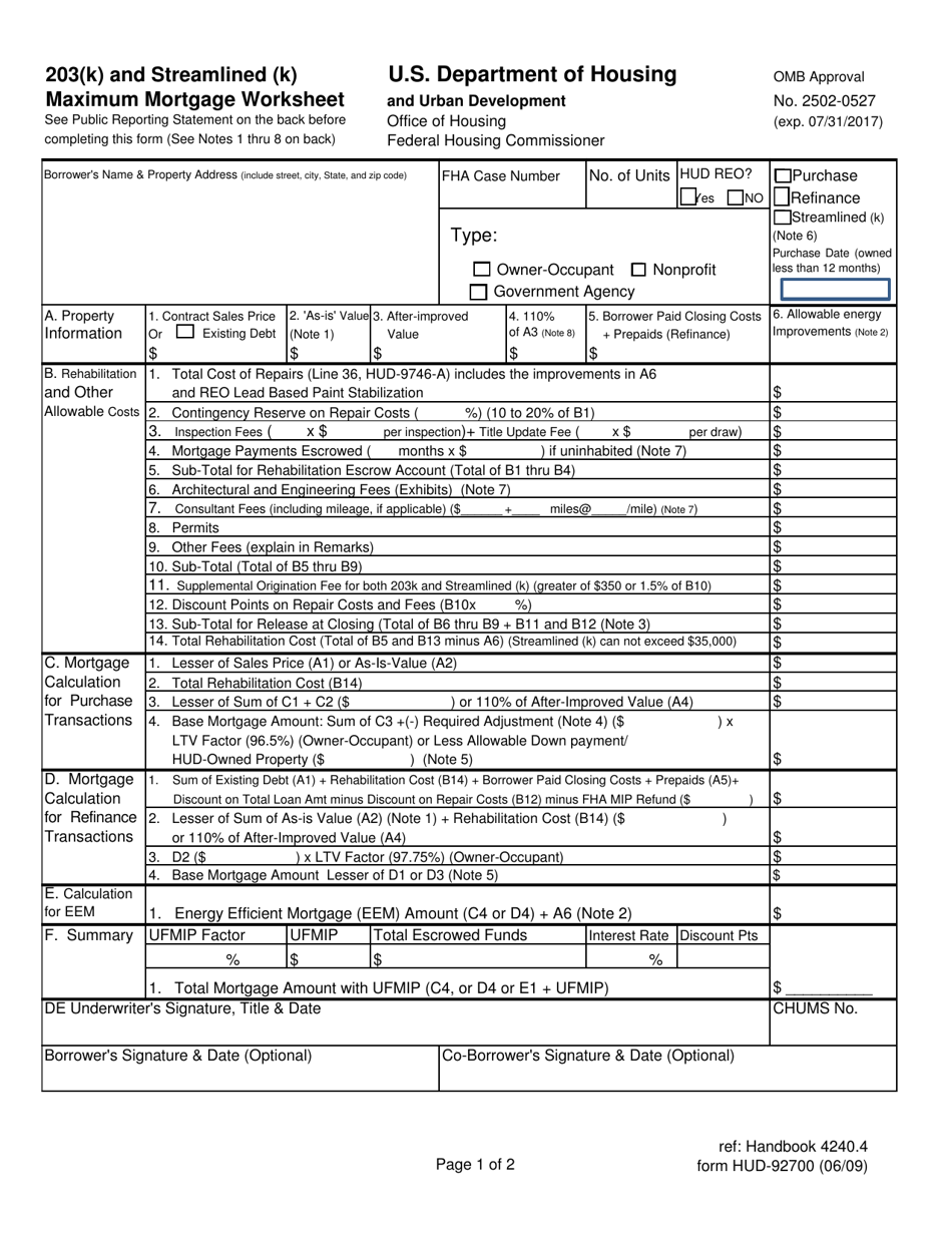 Fillable Form Hud 92700 203 K And Streamlined K Maximum Mortgage